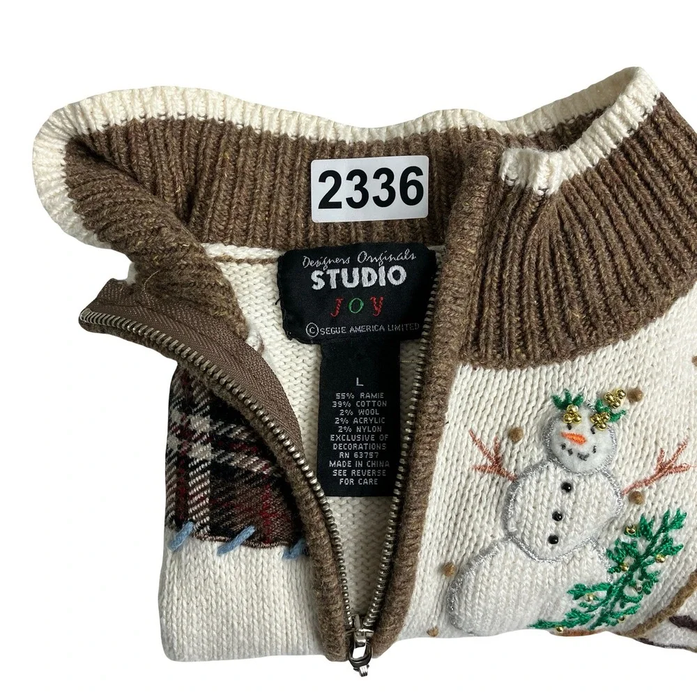 Vintage‎ Designers Originals Studio Joy Sweater Vest Womens L Cream Snowman Zip